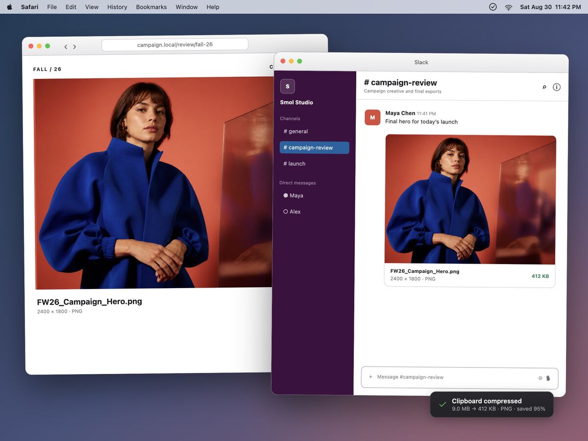 Ein 9-MB-PNG wird aus dem Browser kopiert und in Slack eingefügt – es kommt mit 412 KB an, eine Meldung bestätigt 95 % Ersparnis.