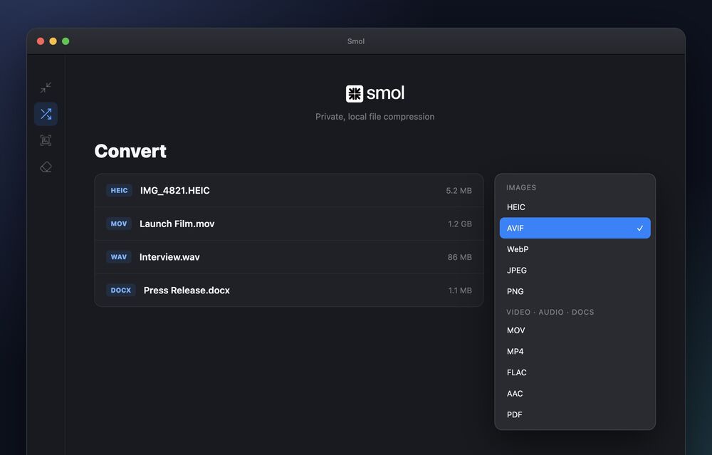 Smol konvertiert HEIC-, MOV-, WAV- und DOCX-Dateien; das Zielformat-Menü ist auf AVIF geöffnet und listet HEIC, WebP, JPEG, PNG, MOV, MP4, FLAC, AAC und PDF.