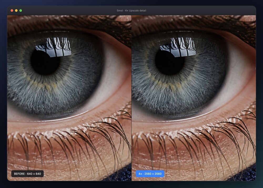 Detailausschnitt eines Auges im direkten Vergleich: das 640 × 640 große Original neben dem 4×-Ergebnis mit 2560 × 2560, in dem einzelne Wimpern aufgelöst sind.