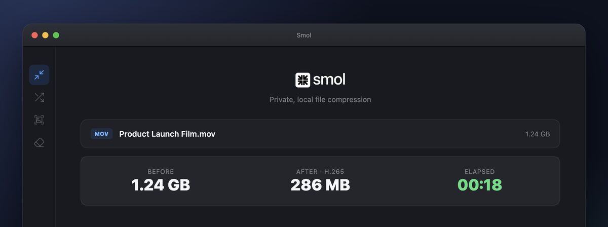 Smol komprimiert Product Launch Film.mov mit H.265: 1,24 GB vorher, 286 MB nachher, 18 Sekunden Laufzeit.