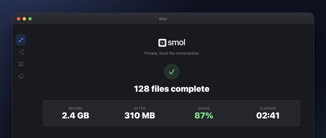 Smols Abschlussansicht meldet 128 Dateien fertig: 2,4 GB vorher, 310 MB nachher, 87 % gespart, 2 Minuten 41 Sekunden Laufzeit.