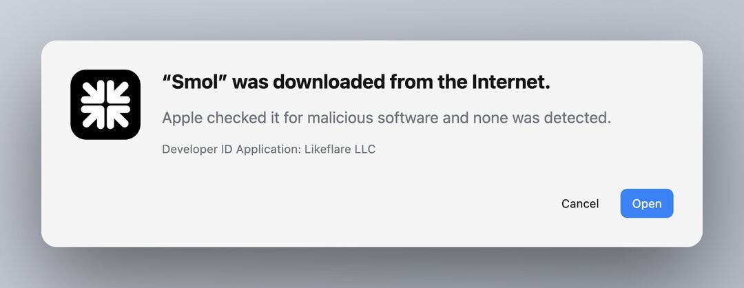 Der macOS-Gatekeeper-Dialog für Smol mit dem Hinweis, dass Apple die App auf Schadsoftware geprüft und nichts gefunden hat, signiert von Developer ID Application Likeflare LLC.